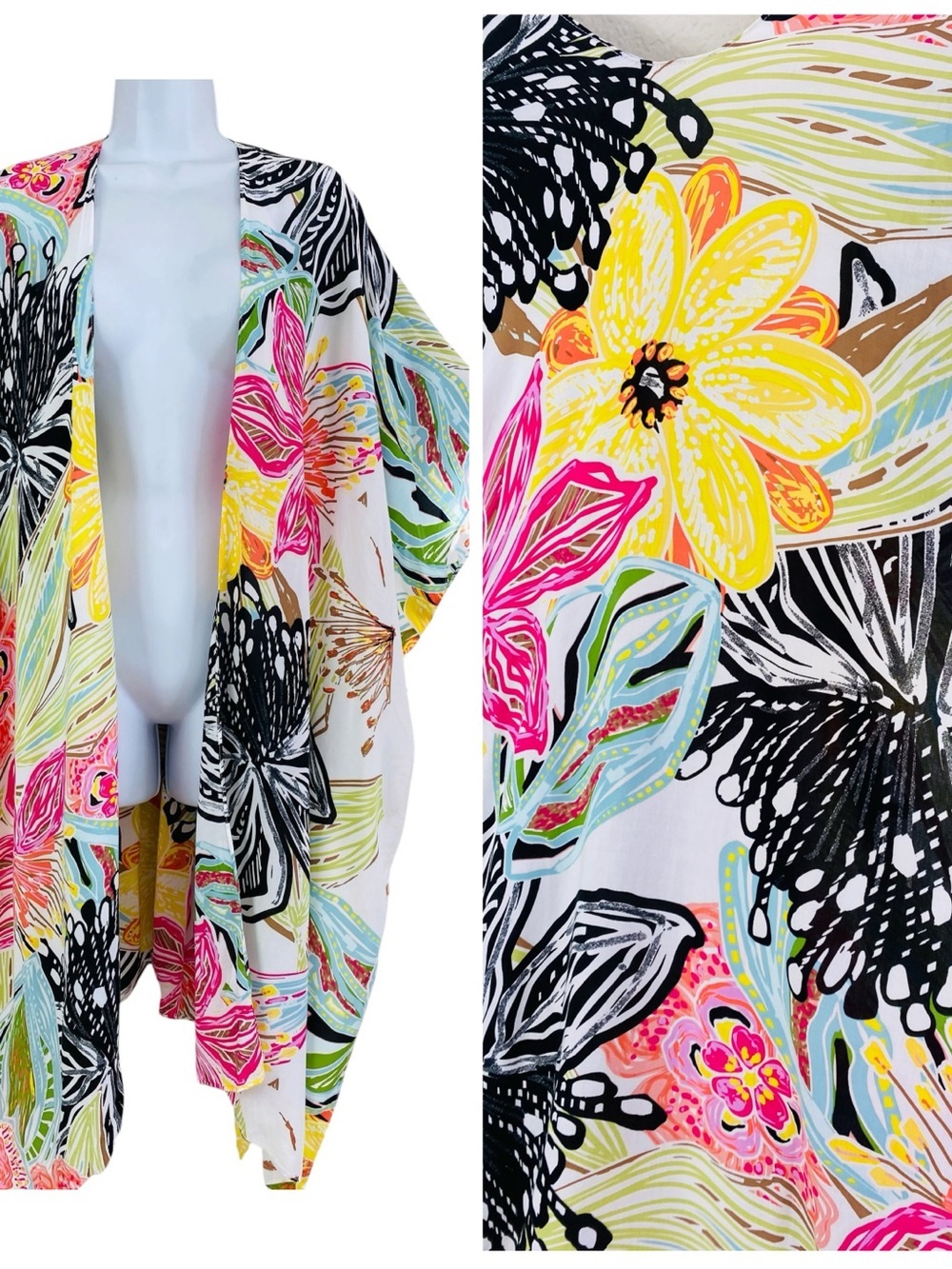 Chico’s Tropical Kimono Beach Open Front Cover Up OS